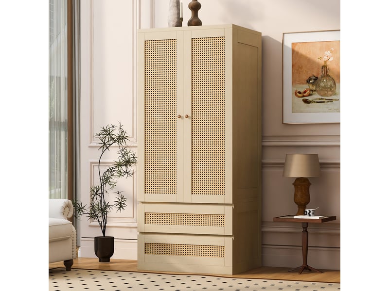 Armoire penderie 2 portes 70x55x170 cm - rangement avec tiroirs et étagères - effet rotin - bois naturel - Conforama D