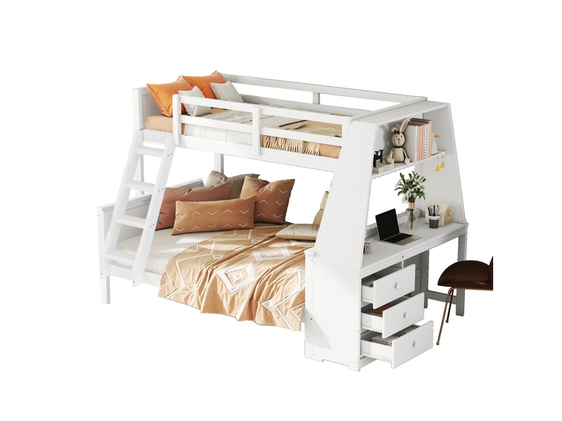  Lit superposé enfant 90x200 cm et 140x200 cm avec bureau et tiroirs blanc  - Conforama A