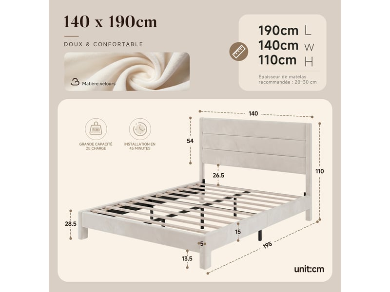  Lit 140 x 190 avec sommier à lattes en bois, lit double avec cadre de lit rembourré et structure métallique, charge maximale 500 kg, beige  - Conforama E