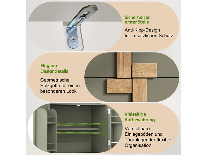  Armoire de rangement cuisine 60x35x120 cm verte avec 4 portes, étagères réglables et rangements de porte  - Conforama E