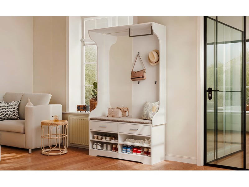  Meuble d'entrée multifonctionnel 104 cm – vestiaire blanc avec miroir, patères, barre de penderie, tiroirs et étagères à chaussures  - Conforama D