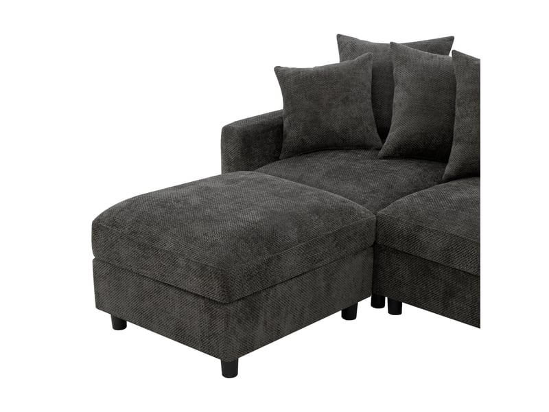  Canapé d’angle modulable ul gris 6 places avec 2 poufs, ports usbtype-c, 8 coussins réglables et chenille gaufrée  - Conforama E