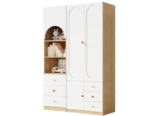Armoire 2 portes avec penderie et bibliothèque à tiroirs, rangement vertical pour chambre d'enfant en mdf blanc naturel