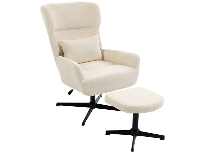  Fauteuil lounge pivotant à 360° avec repose-pieds, réglable en hauteur, revêtement en chenille, avec coussin lombaire, blanc crème  - Conforama A