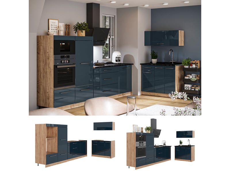  Vicco cuisine, bleu foncé brillantchêne de force doré, 380cm, pt marbre  - Conforama D