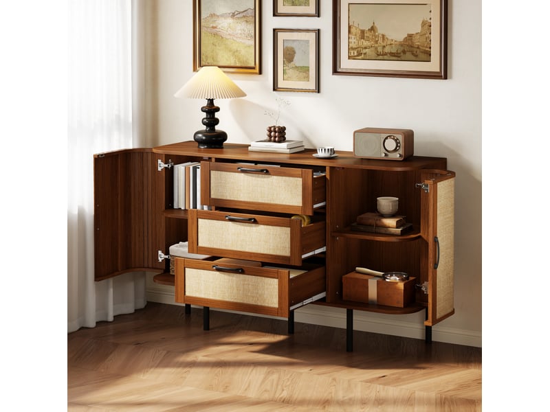  Buffet et enfilade 2 portes, 3 tiroirs, étagères réglables, finition noyer, pour salle à manger, 120 × 40 × 82 cm  - Conforama D