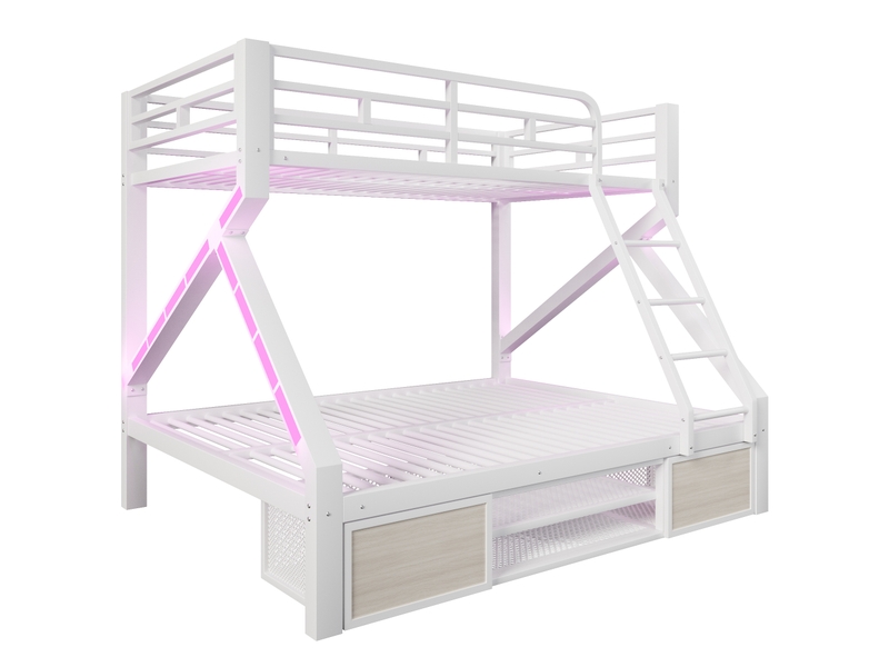  Lit superposé 90x200140x200 cm, lit enfant, échelle, rangements intégrés, cadre métallique robuste, éclairage led, design moderne, mdf et métal blanc OPULERANE TRADING LTD - Conforama A