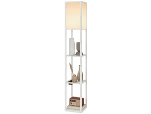 Lampadaire avec étagères, éclairage à intensité variable, interrupteur au pied et ports usb, blanc