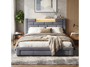 Dreammespace lit adulte 160x200 cm avec meuble de rangement 3 tiroirs, étagère led & prises usb type-c, cadre velours gris