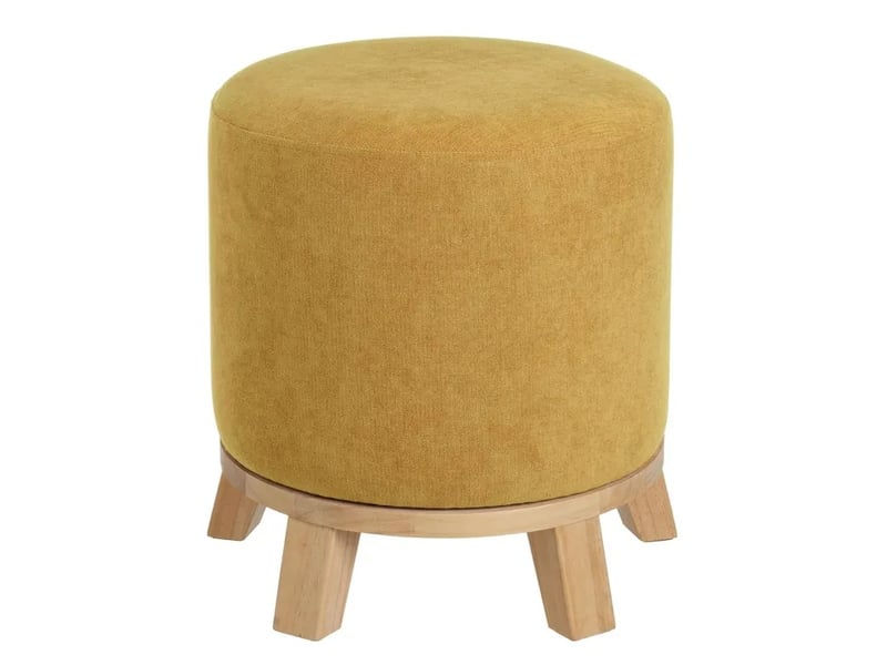 Pouf rond rembourré en chenille avec piètement en bois, coloris jaune - diamètre 40 x hauteur 45 cm - Conforama A