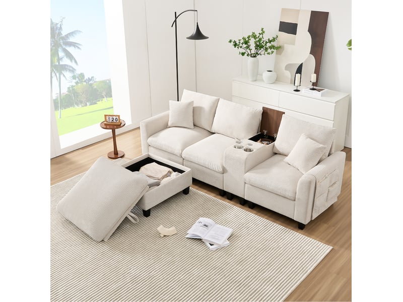  Canapé d'angle convertible modenvie 4 places 229 x 149,5 cm velours côtelé beige avec pouf coffre usb  - Conforama E