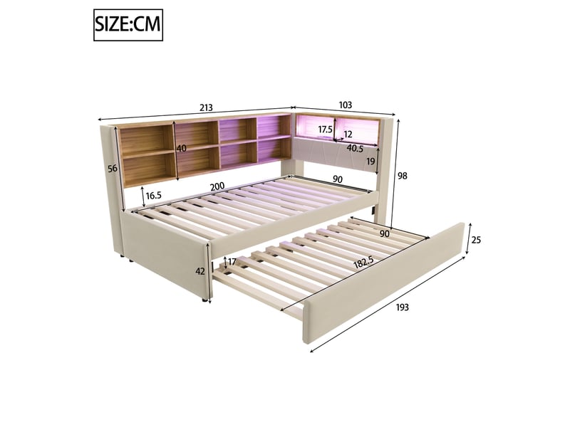  Lit gigogne 90x200 xm, flanelle, beige, avec éclairages led, prises électriques et nombreux espaces de rangement  - Conforama C