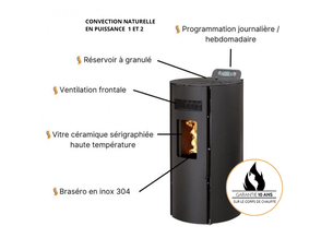 Pack poêle à granulés étanche leandro 9 kw + kit vertical - noir