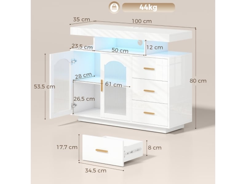  Buffet lumineux led moderne avec prises intégrées, 3 tiroirs, étagères et 2 portes en acrylique - blanc brillant  - Conforama C