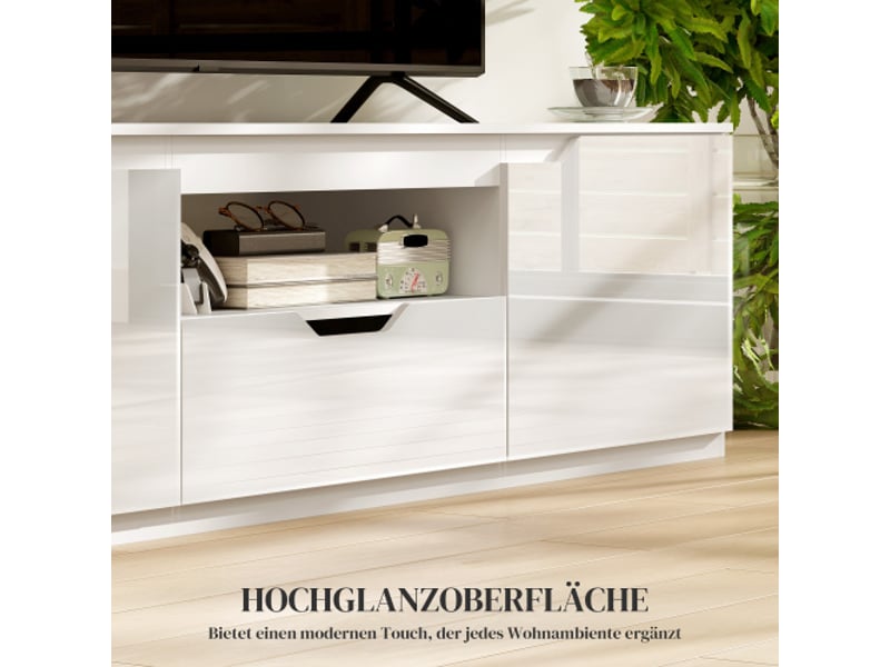  Meuble tv blanc 160 cm avec 2 portes, tiroir et gestion des câbles, pour tv jusqu’à 65 pouces  - Conforama E