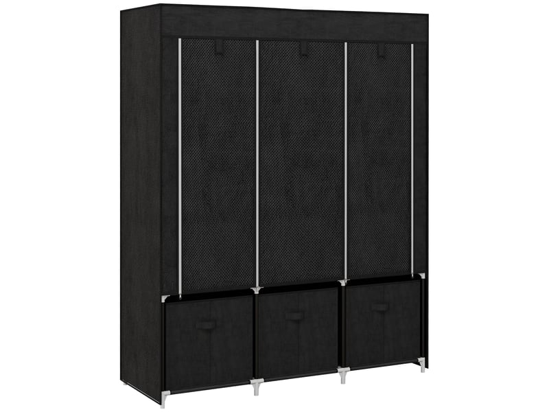  Armoire en tissu avec 2 penderies, 5 étagères ouvertes, 3 tiroirs, fermeture éclair, structure en acier, 125 x 43 x 162,5 cm, noire  - Conforama A