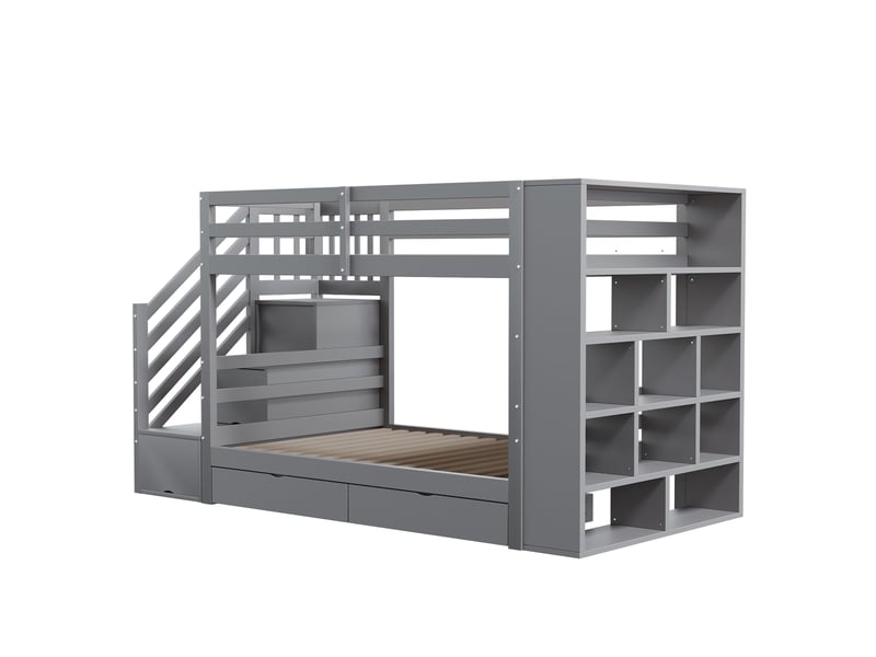  Lit superposé enfant 90x200 cm gris, escalier avec rangements, tiroirs et barrières hautes Fay Lum - Conforama D