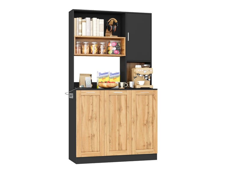  Buffet haut de cuisine 100x40x180 cm, 2 prises et 2 ports usb, led rgb via application, étagères réglables, niches ouvertes, effet bois et noir  - Conforama A