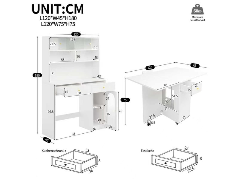 Buffet cuisine, rangement vertical buffet salon, table pliante sur roulettes, finition blanche - Conforama C