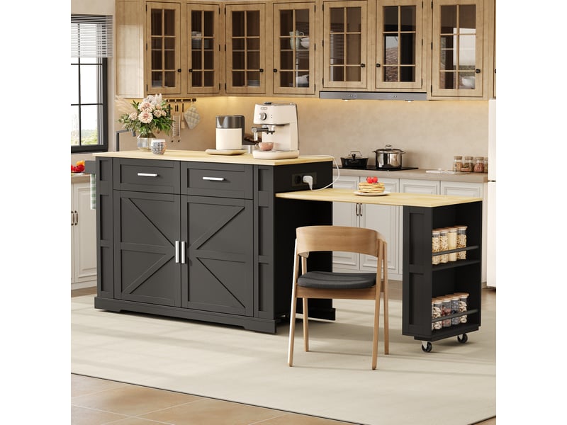 Desserte de cuisine avec plan coulissant, 2 tiroirs, armoire 2 portes et prises intégrées, noir 130 × 50 × 93 cm - Conforama B