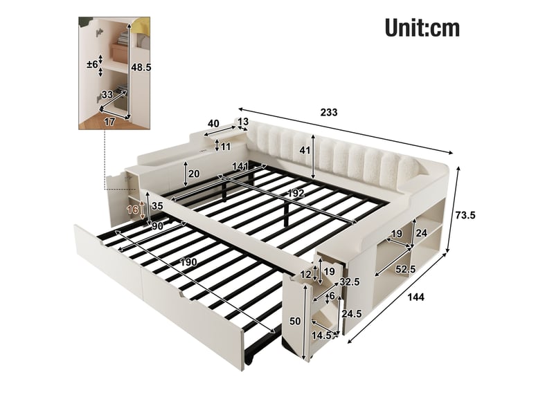  Lit jeune 2 places 140x190 cm gigogne avec rangement, pour chambre, en mdf et métal, contemporain, blanc, sans matelas  - Conforama C