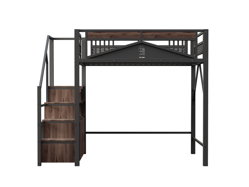  Lit mezzanine 140 x 200 cm marches-coffre garde-corps patchwork fenêtre espace dessous métal et bois noir sans matelas  - Conforama A