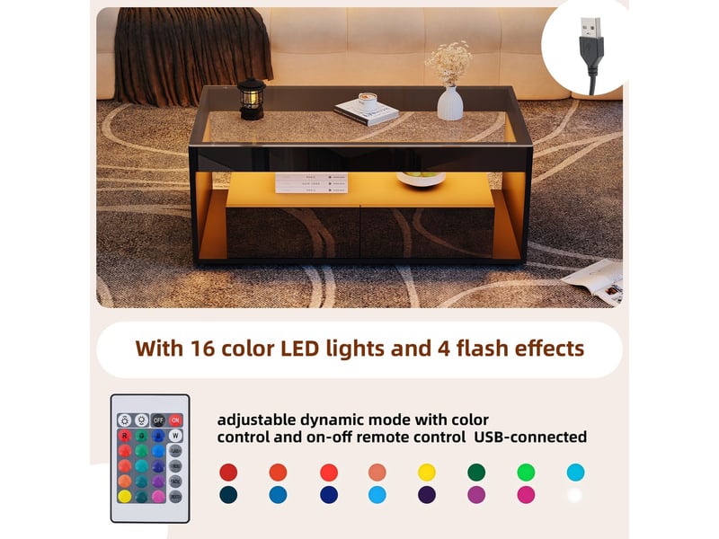  Table basse 100x50, plateau verre trempé salon, led 16 couleurs, 2 tiroirs de rangement, design double étagère  - Conforama E