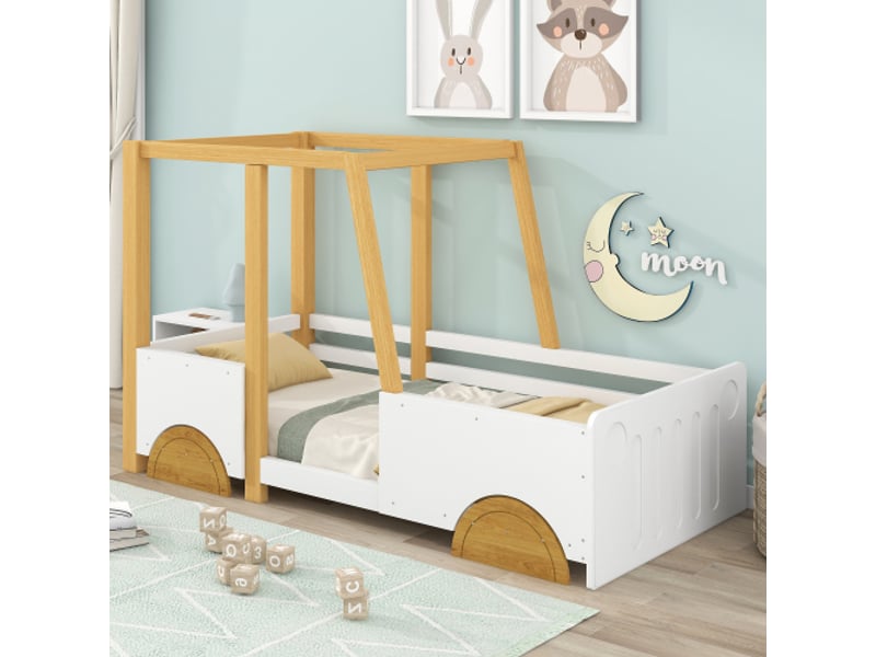  Lit enfant 90x200 cm, forme voiture et barrières de protection, en bois, blanc et naturel, sans matelas  - Conforama C