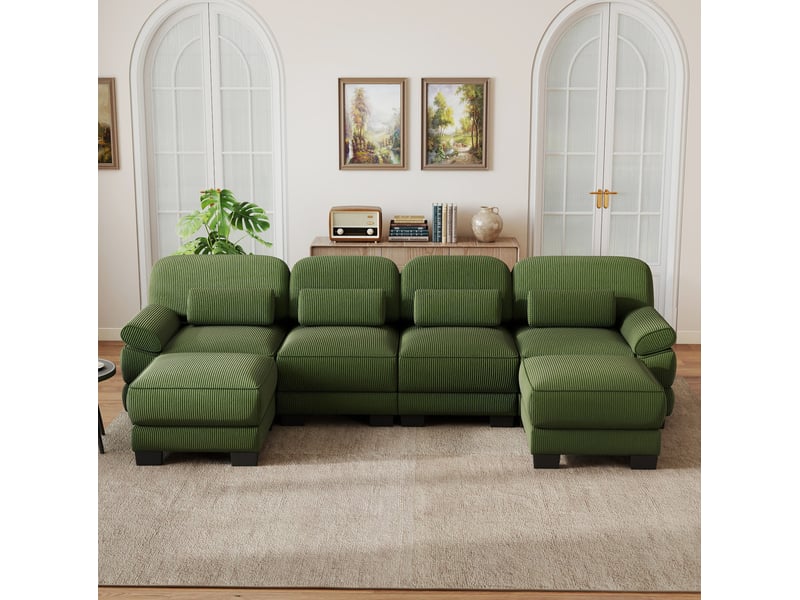  Canapé modulable en u 4 places 336x161x94 cm, coussins garnis, assise profonde, 2 poufs, en velours côtelé, vert  - Conforama D