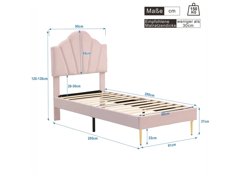  Lit simple 90x200 cm en velours rose, tête de lit réglable et pieds dorés  - Conforama E