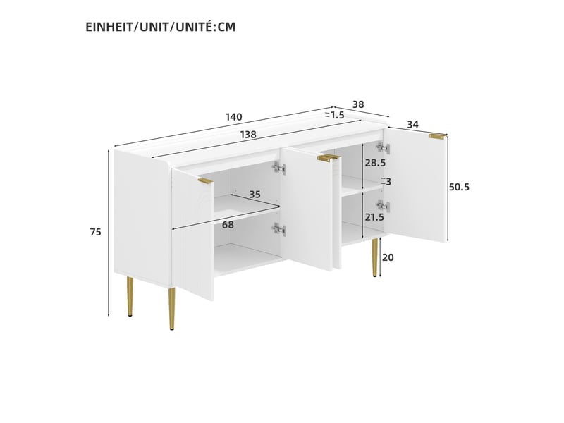  Buffet 140x38x75 cm, design moderne, portes, pieds métal doré, mdf blanc avec étagères réglables, rangement, élégant  - Conforama C