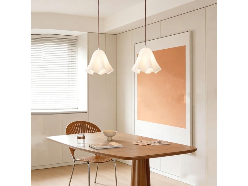  Suspension en verre ondulé en forme de fleur, douille e27, cordon réglable 150 cm, lampe suspendue pour cuisine et salle à manger, blanc  - Conforama C