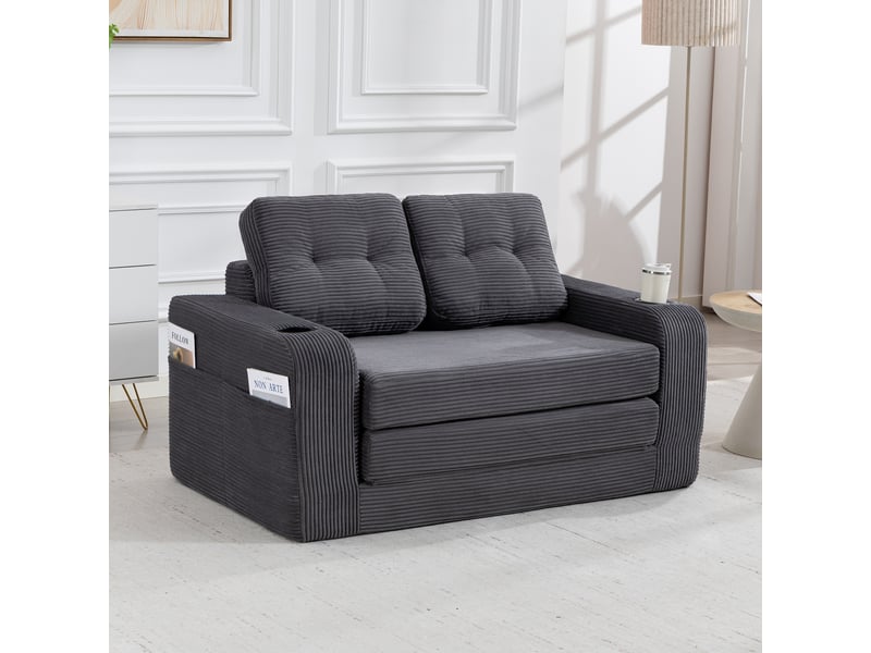 Canapé convertible 2 places en velours côtelé gris 136 cm, canapé lit compact avec assise rembourrée pour petit salon IKSETERA TRADING LTD - Conforama B