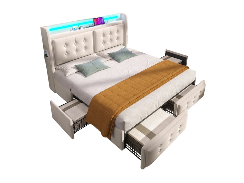  Lit double 160×200 cm avec 4 tiroirs, led réglable, usb et type-c - okmyhome- beige, matelas inclus  - Conforama A