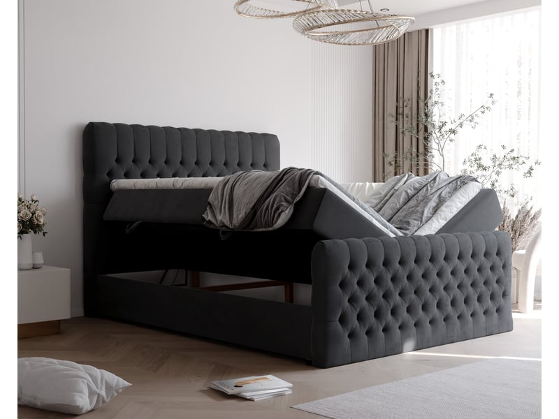  Lit adulte alba plus - 200x200 cm - matelas ressorts + surmatelas - coffre de rangement - velours doux hydrofuge noir ALBA PLUS - Conforama C