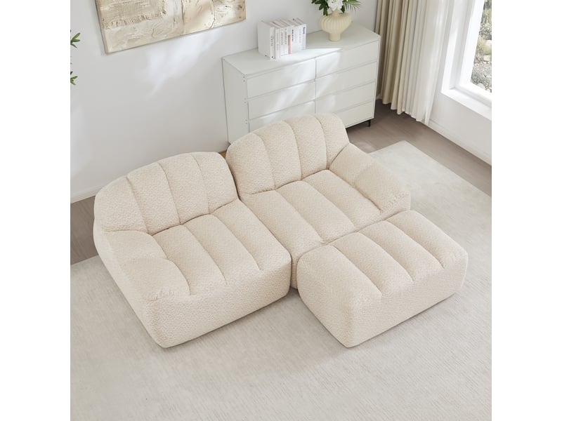  Canapé d’angle coquille 2 places avec pouf beigeblanc – 210 x 165 x 79 cm Fay Lum - Conforama D