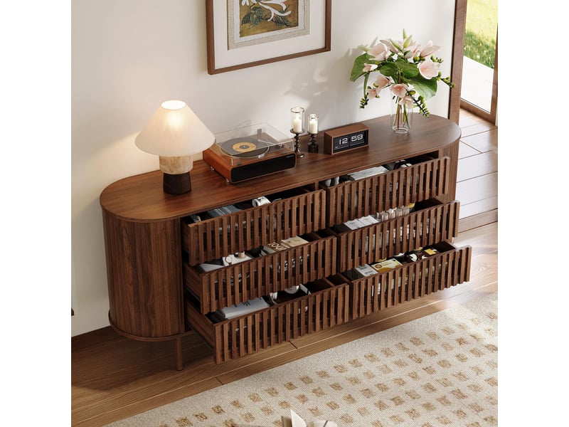  Commode 6 tiroirs - 160x40x70cm - commode basse de salon avec côtelés ajourés &amp; angles arrondis - noyer  - Conforama D