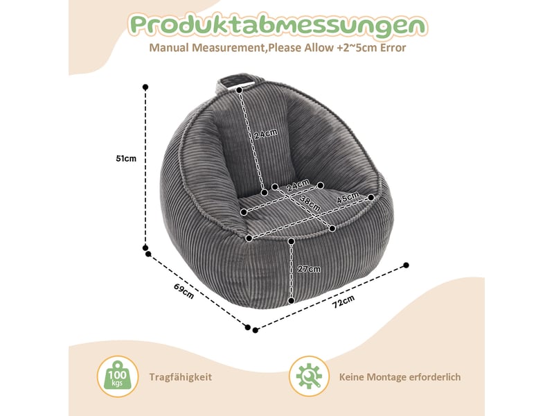  Fauteuil pouf enfant 72x69x51 cm, usage intérieur, dossier ergonomique, peluche douillette, remplissage en mousse, tissu revêtement en velours côtelé, gris clair  - Conforama C