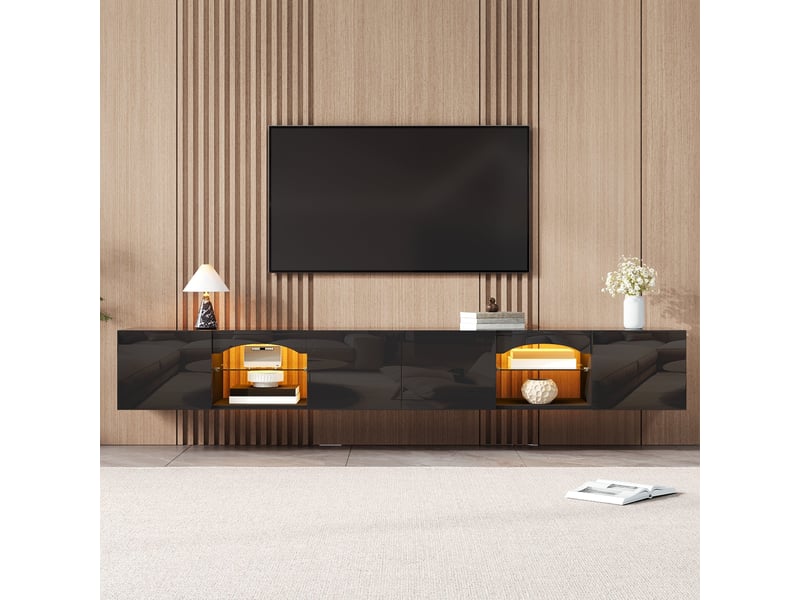  Meuble tv 200x30x28 cm avec led app, 4 portes, 2 niches, étagères en verre, finition brillante, noir  - Conforama B