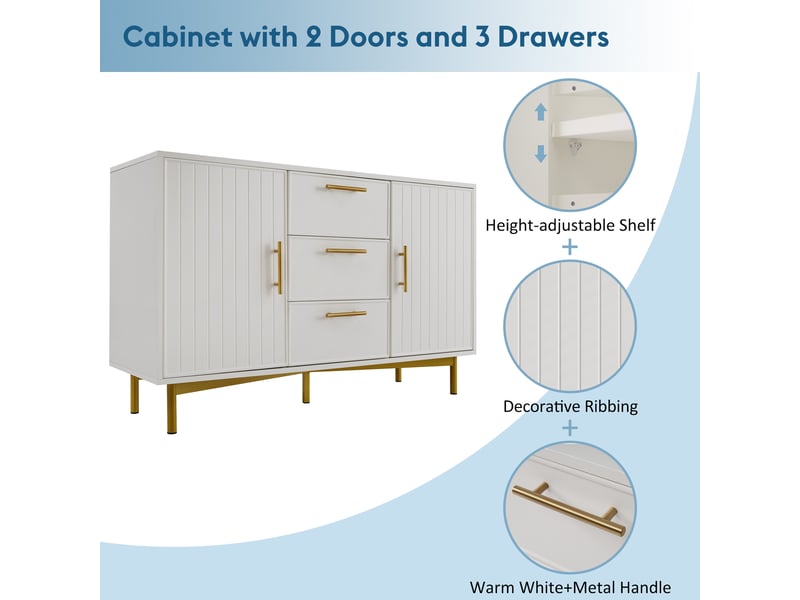  Commode avec 2 portes, 3 tiroirs et étagères réglables, façades rainurées, en panneau de particules blanc, 120 × 40 × 75 cm  - Conforama E