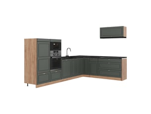 Vicco cuisine en angle, vert or campagnechêne de force doré, 327 x 227 cm, pt anthracite