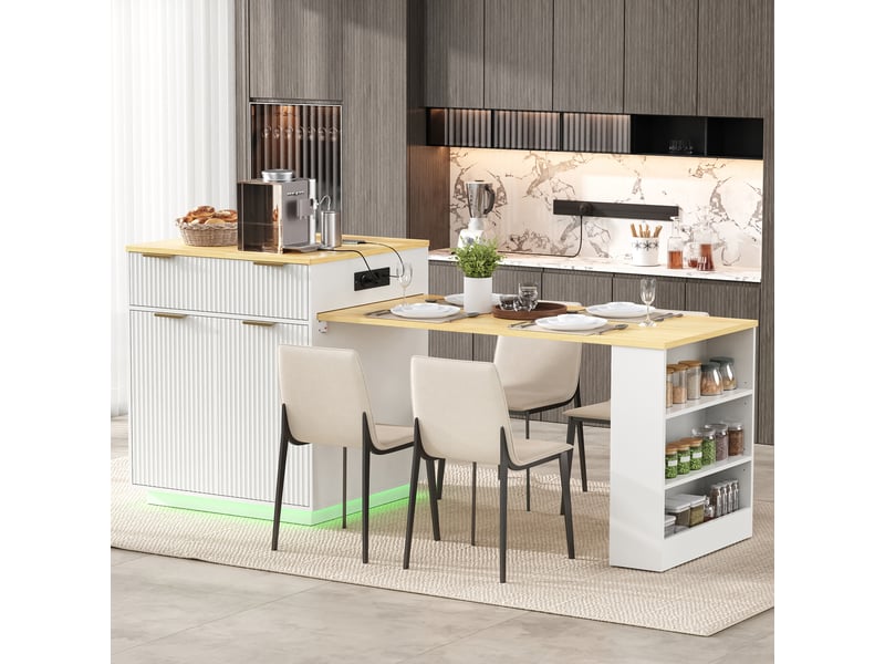  Îlot de cuisine mobile - 80x67x92 cm blanc et bois naturel - meuble de cuisine extensible avec prises, led et tiroirs  - Conforama C