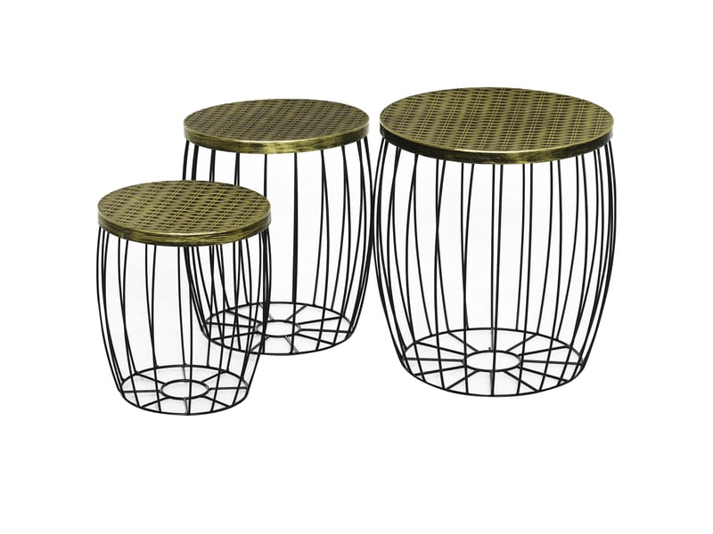Ensemble de 3 tables d'appoint empilables pour jardin, style industriel, en métal avec plateau imitation rotin noir. - Conforama A