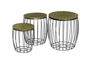 Ensemble de 3 tables d'appoint empilables pour jardin, style industriel, en métal avec plateau imitation rotin noir.