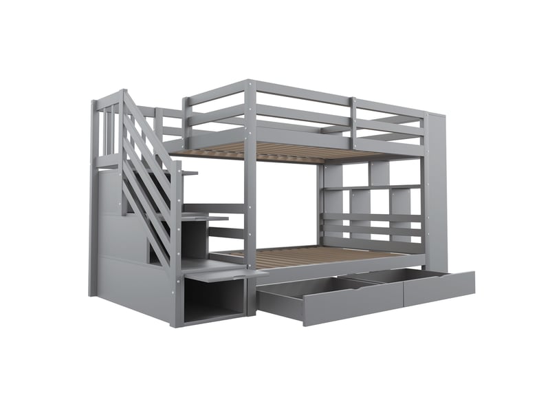  Lit superposé 90x200cm avec escalier sécurisé à rangements, tiroirs et grands compartiments, barrières hautes et sommier à lattes, pin, gris evarich - Conforama D