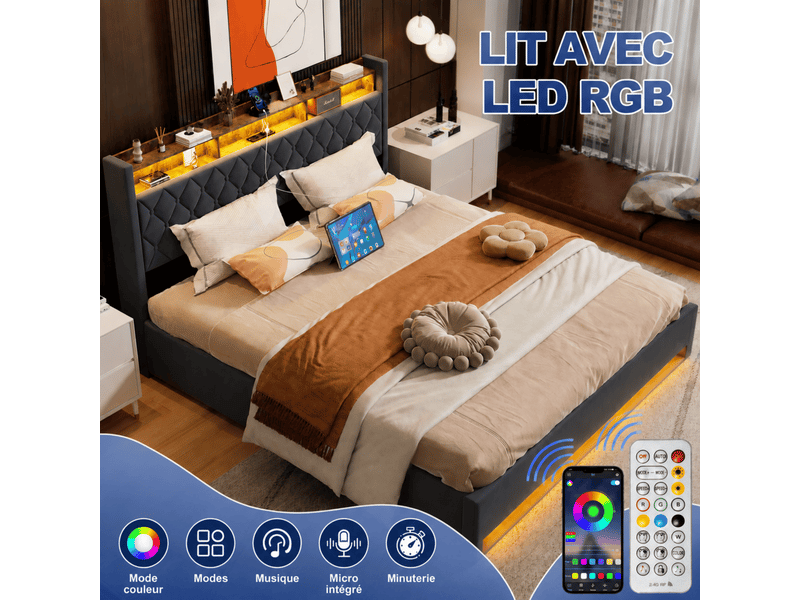 Lit double rembourré 180x200 cm avec port usb, led,gris  - Conforama B