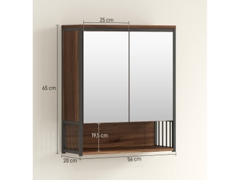 Meuble miroir de salle de bain 56x65x20 cm portes à fermeture douce mdf et panneau de particules marron  - Conforama A