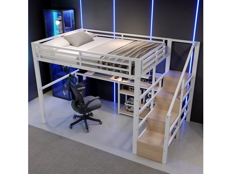  Lit mezzanine 140 × 200 cm avec bureau, escalier de rangement, étagères, led et prises usb pour chambre enfant blanc  - Conforama E