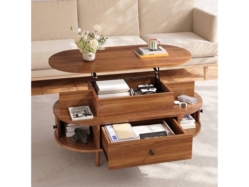  Table basse relevable ovale en mdf noyer avec rangement caché et portes coulissantes  - Conforama E