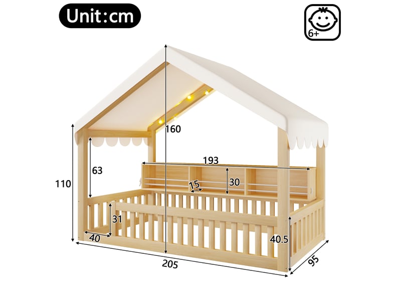  Lit cabane enfant 90 × 200 cm 1 place avec éclairage led, étagère et barrières, sans matelas, en bois, naturel  - Conforama D